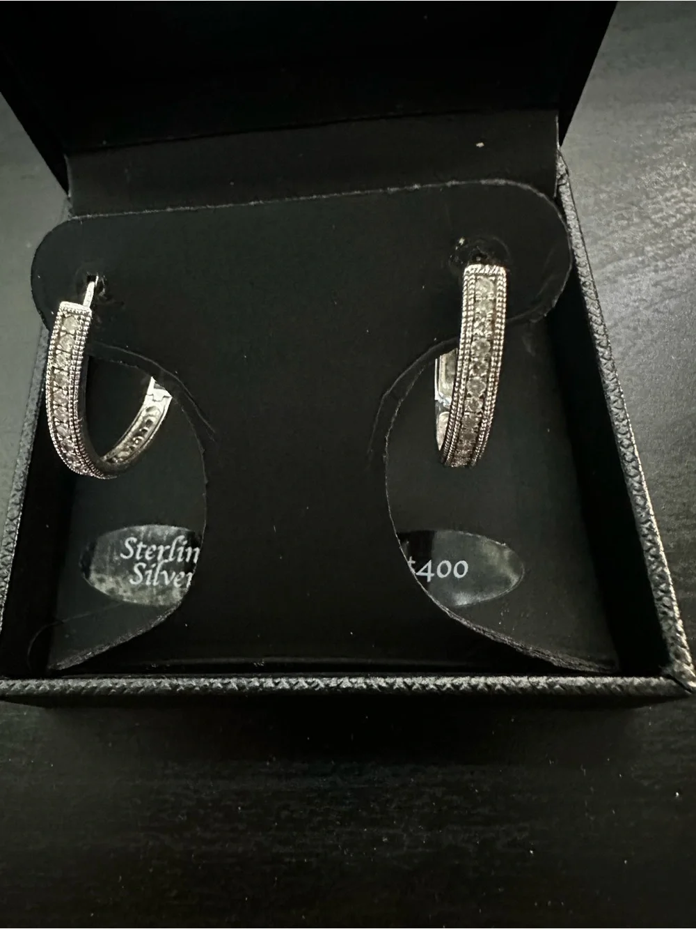 Sterling Silver Textured diamond accent hoop Earrings - Silver